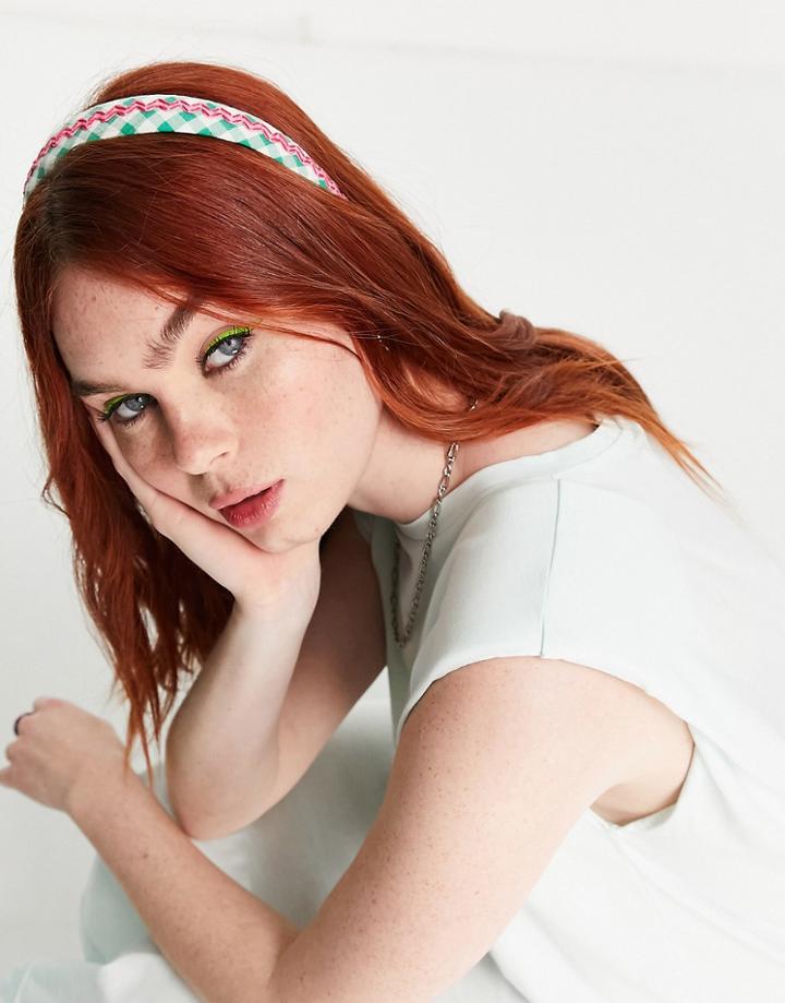 Asos Design Headband In Gingham With Rikrak Detail-green