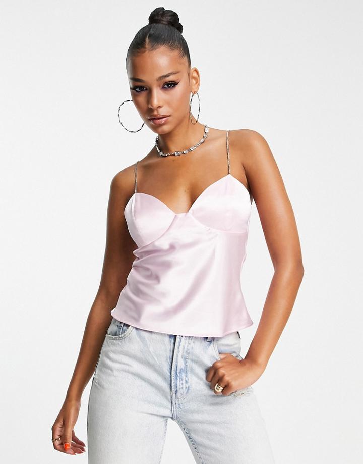 Asos Design Diamante Strappy Satin Bust Detail Cami In Blush Pink