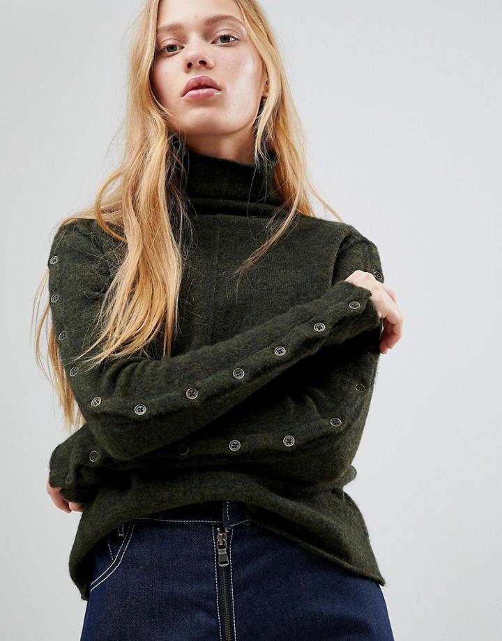 Shae Buttoned Sleeves High Neck Alpaca And Merino Wool Blend Sweater-green