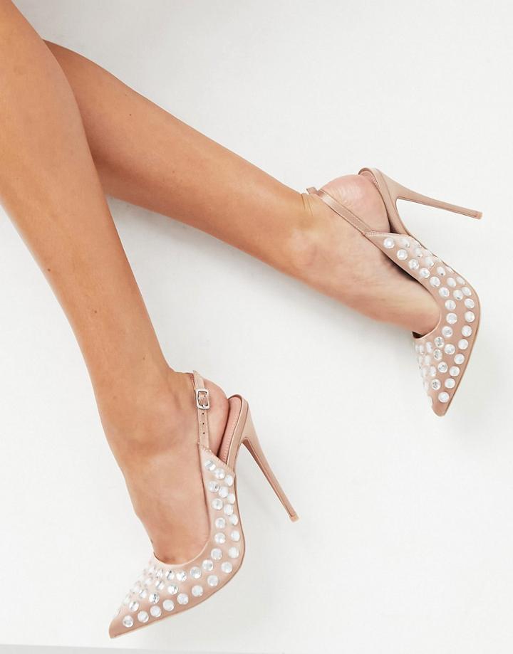 Asos Design Promise Embellished Slingback High Shoes In Blush-pink