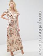 Asos Petite Premium Printed Satin Wrap Maxi Dress - Multi