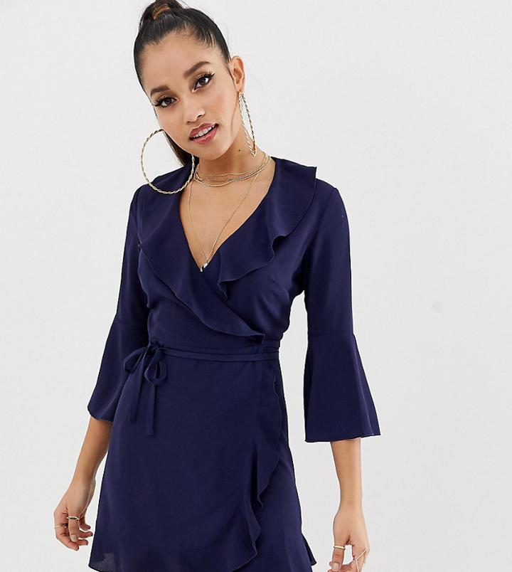 Outrageous Fortune Petite Ruffle Wrap Dress With Fluted Sleeve In Navy - Navy
