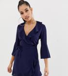 Outrageous Fortune Petite Ruffle Wrap Dress With Fluted Sleeve In Navy - Navy