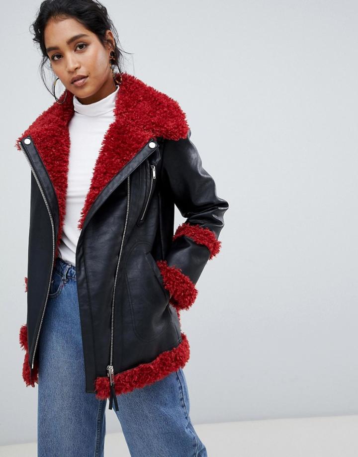 Urbancode Longline Aviator Coat With Contrast Fleece Lining - Black