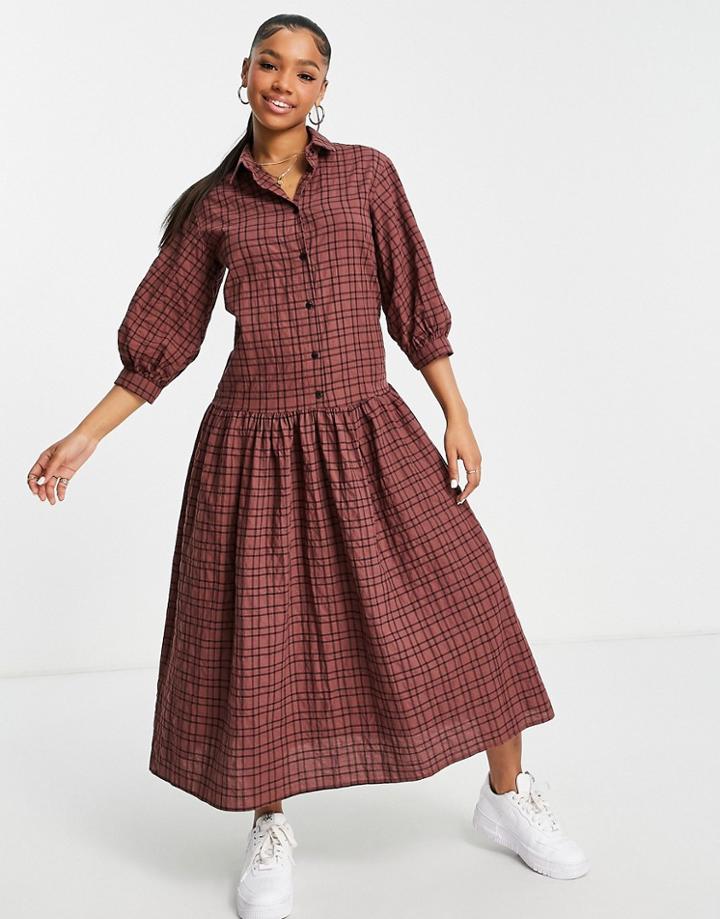 Asos Design Button Up Shirt Midi Smock Dress In Burgundy Plaid-multi
