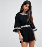 Fashion Union Petite Romper With Embroidery And Fringe Detail - Black
