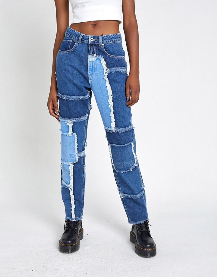 The Ragged Priest Mom Jeans In Patchwork Denim-black