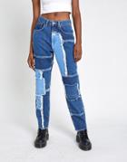 The Ragged Priest Mom Jeans In Patchwork Denim-black