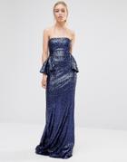 City Goddess Bandeau Sequin Peplum Maxi Dress - Blue