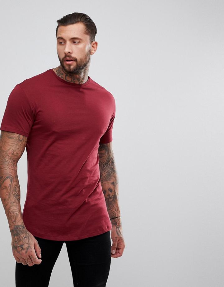 Bershka Longline T-shirt In Burgundy - Red