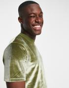 Asos Design T-shirt In Khaki Velour-green