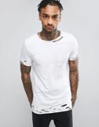 Asos Longline Muscle T-shirt With Pocket And Distressed Neck And Hem - White