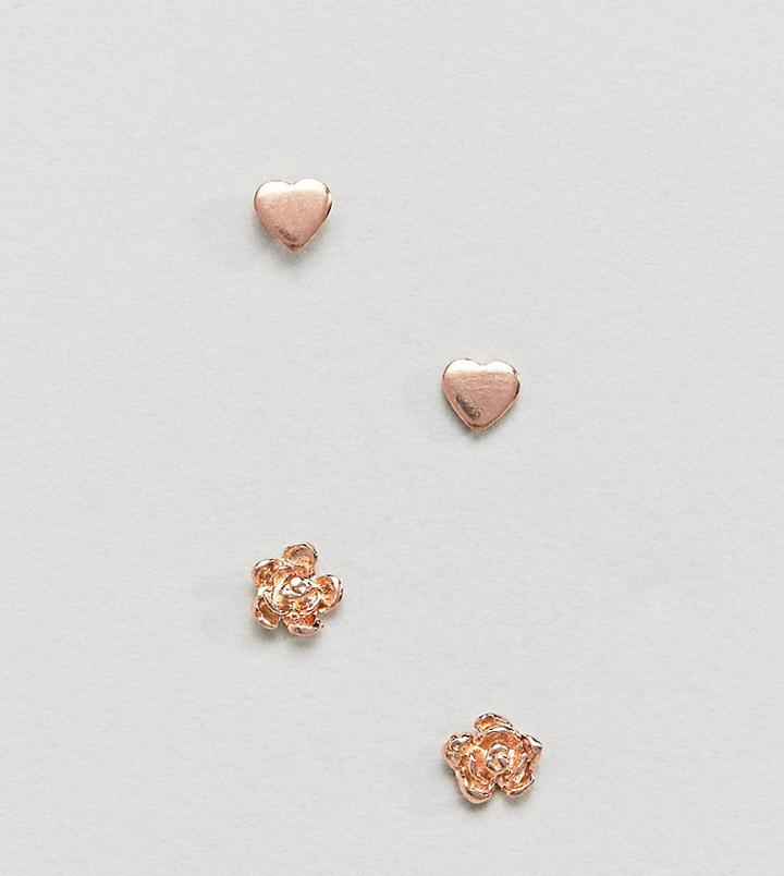 Asos Rose Gold Plated Sterling Silver Pack Of 2 Rose & Heart Stud Earrings - Copper