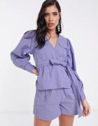 Asos Design Wrap Top With Belt And Pocket Detail-purple