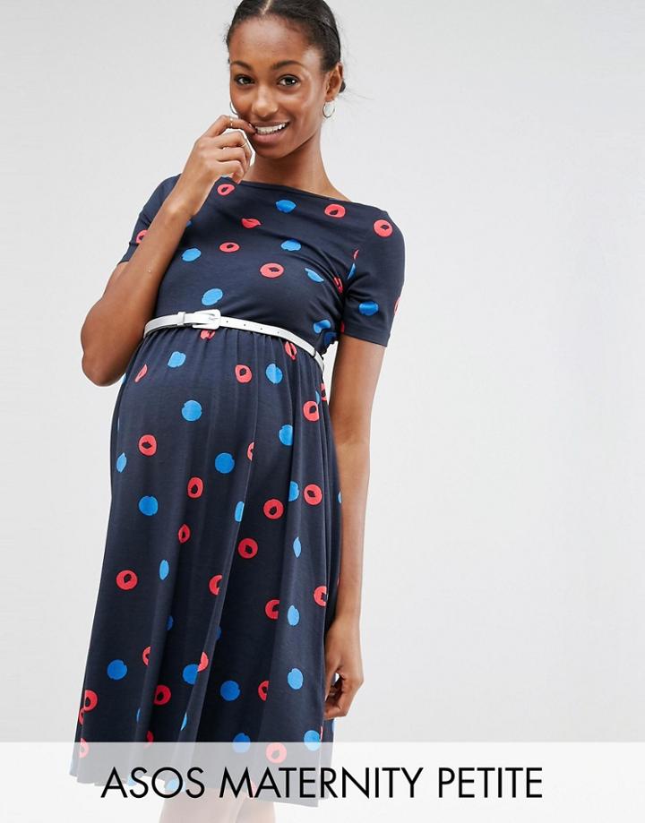 Asos Maternity Petite Blurred Spot Skater Dress With Belt - Multi