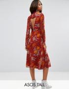 Asos Tall Midi Dress In Botanical Rose Floral With Open Back - Red