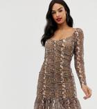 Asos Design Ruched Snake Print Lace Mini Dress With Pep Hem - Multi
