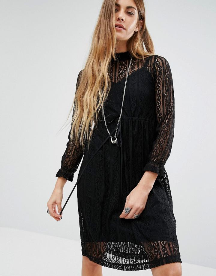 Navy London High Neck Lace Dress With Slip - Black