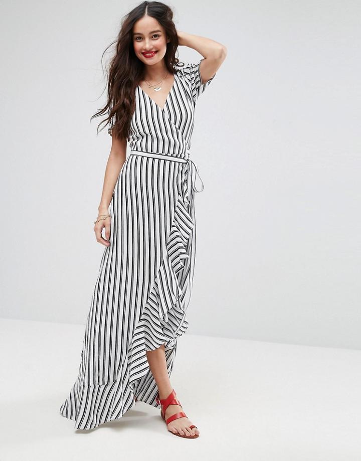 Asos Maxi Tea Dress With Ruffle Detail In Mono Stripe - Multi
