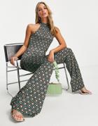 River Island Geo Print Halterneck Jumpsuit In Green