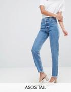 Asos Tall Florence Authentic Straight Leg Jeans In Mid Wash Blue With Stepped Waistband And Raw Hem - Blue