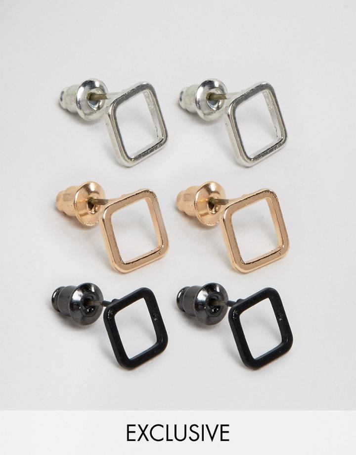 Designb London Square Earrings In 3 Pack Exclusive To Asos - Gold