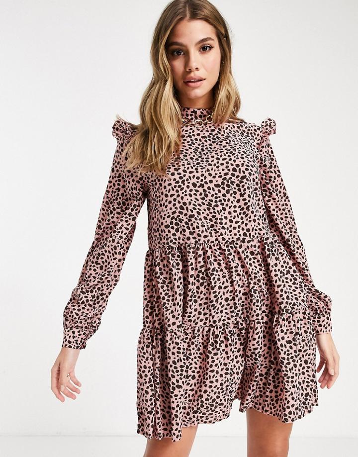 Missguided Long Sleeve Smock Dress With Frill Shoulder In Pink