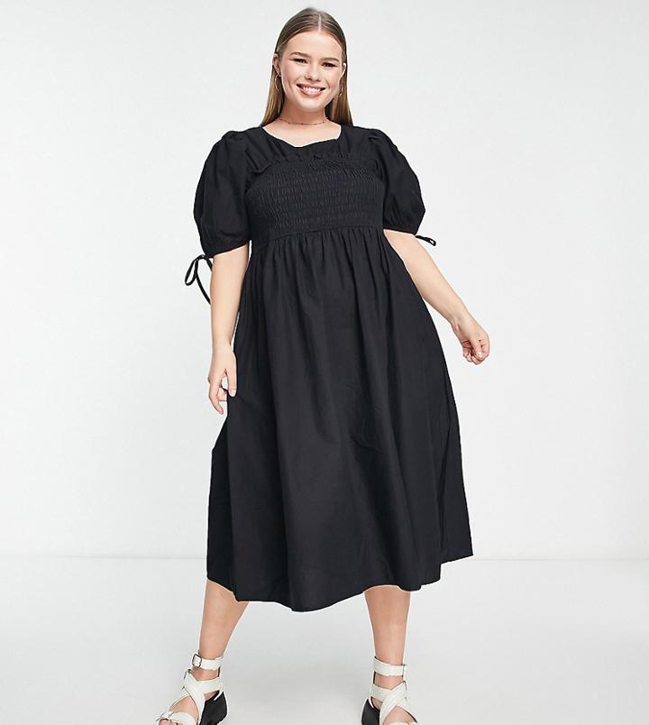 Violet Romance Plus Shirred Bust Cotton Midi Dress In Black