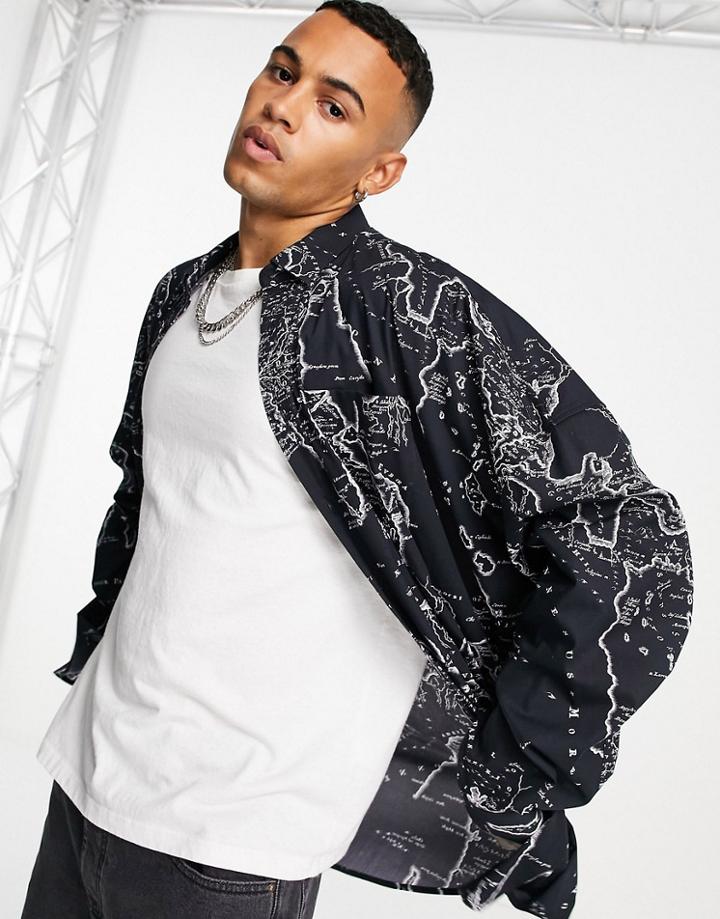 Asos Design Extreme Oversized Shirt In Map Print-black