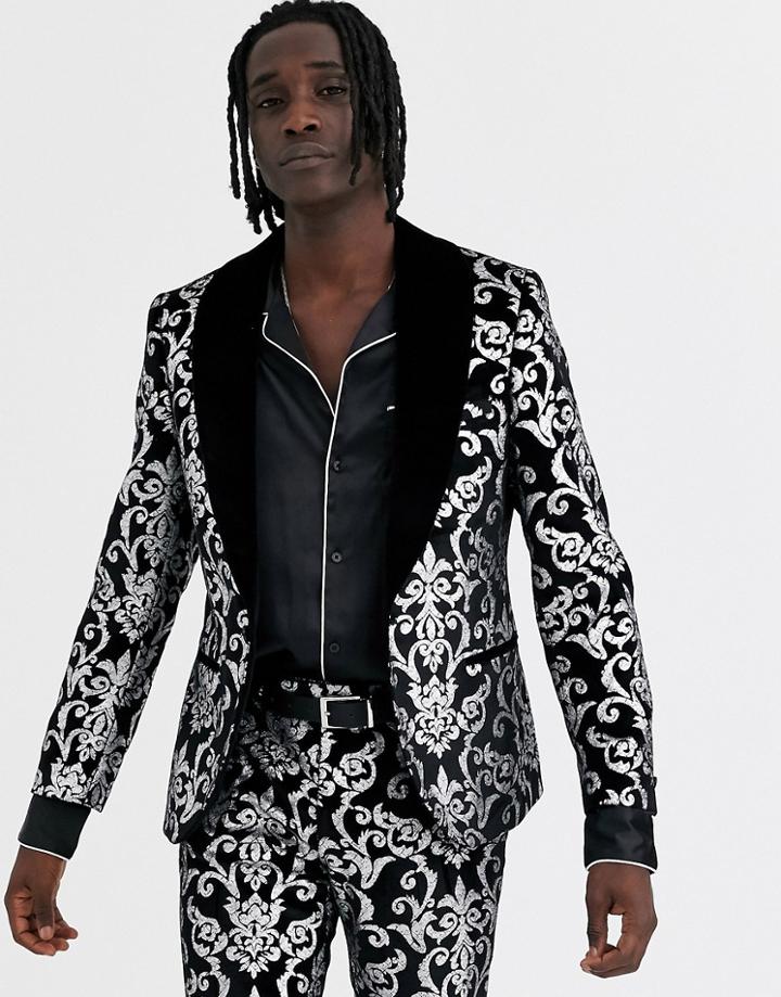 Twisted Tailor Super Skinny Velvet Suit Jacket With Silver Print In Black