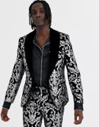 Twisted Tailor Super Skinny Velvet Suit Jacket With Silver Print In Black