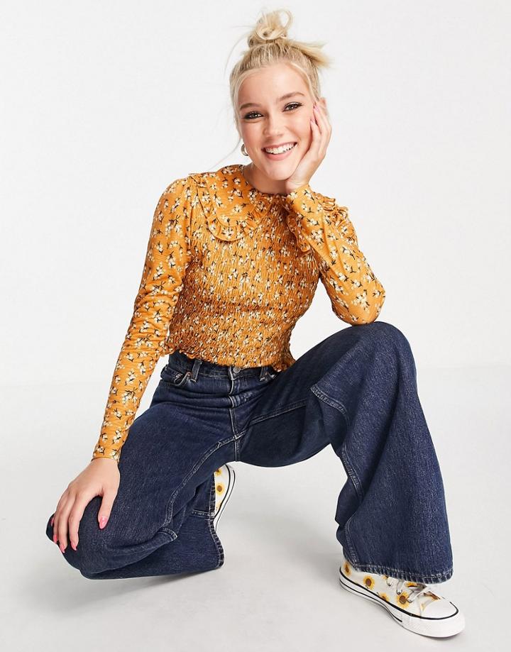 Miss Selfridge Rust Ditsy Floral Long Sleeve Collar Shirred Top-multi