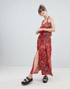 Leon And Harper Pinafore Bird Print Maxi Dress - Red