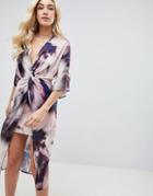 Asos Design Knot Front Kimono Midi Dress In Abstract Print-multi