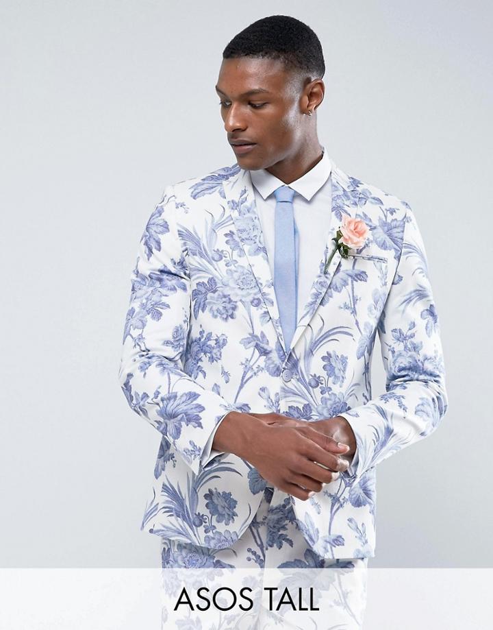 Asos Tall Wedding Skinny Suit Jacket In Blue And White Cotton Floral Print - Blue