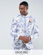 Asos Tall Wedding Skinny Suit Jacket In Blue And White Cotton Floral Print - Blue