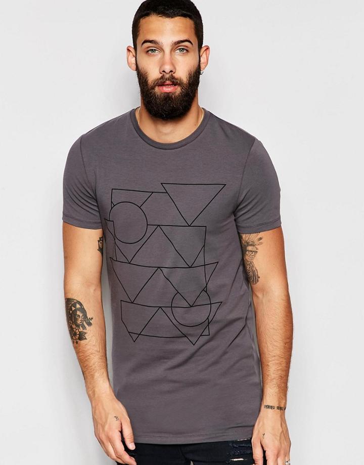 Asos Longline Muscle T-shirt With Linear Geo Print In Gray - Gull Grey