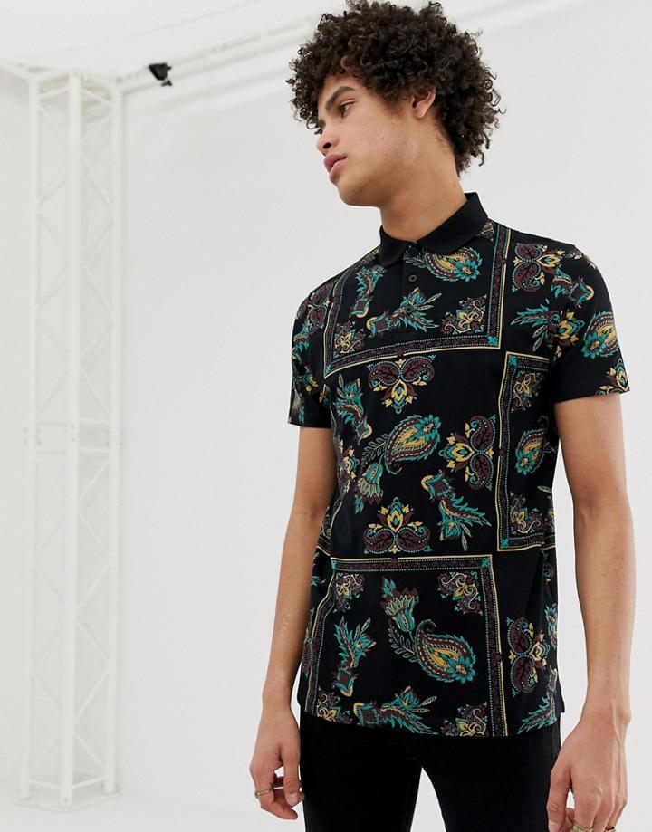 Asos Design Polo With All Over Bandana Print - Black