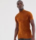 Asos Design Tall Muscle T-shirt With Stretch And Turtleneck In Ribbed Velour In Rust-orange