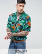 Reclaimed Vintage Inspired Revere Shirt With Tropical Print Reg Fit - Black