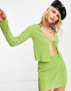 Bershka Plisse Tie Front V-neck Top In Lime Green - Part Of A Set