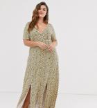 Asos Design Curve Button Through Maxi Tea Dress With Splits In Yellow Ditsy Print - Multi