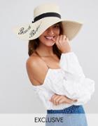 South Beach Straw Floppy Hat With Beach Babe Slogan - Beige