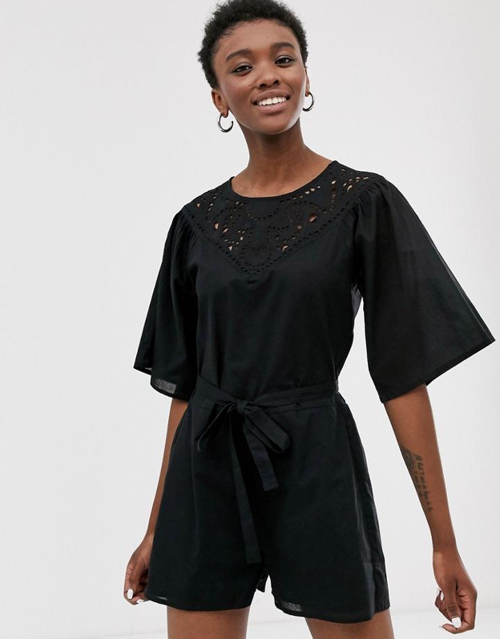 Only Broderie Romper In Black - Multi