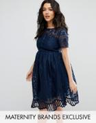 Chi Chi London Maternity Cap Sleeve Lace Dress With Cutwork Hem - Navy