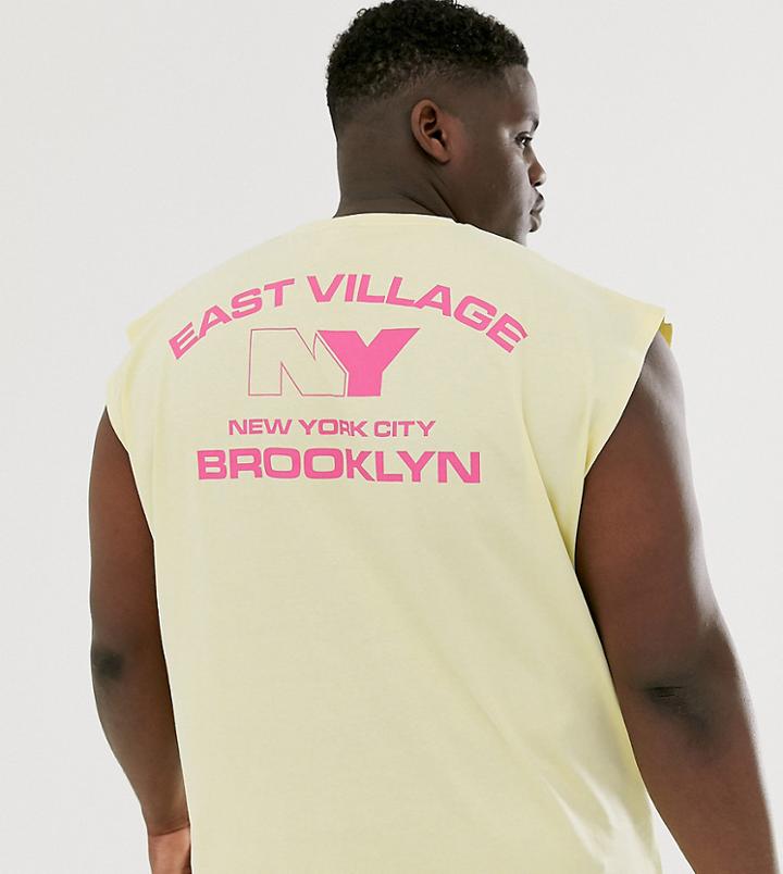 Asos Design Plus Oversized Sleeveless T-shirt With City Back Print - Yellow
