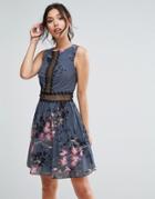Little Mistress Floral Print And Lace Skater Dress - Gray