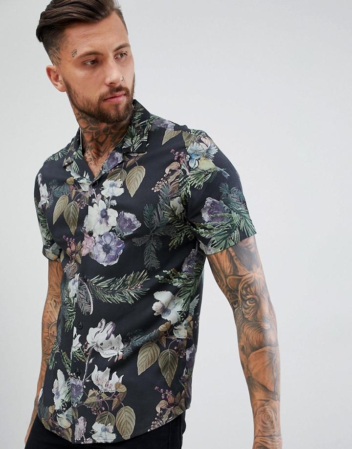 Asos Design Regular Fit Viscose Floral Shirt - Black