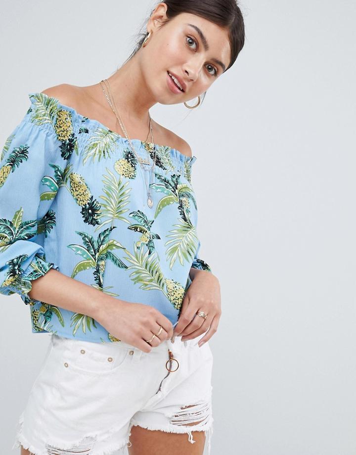 Missguided Pineapple Print Bardot Top - Blue