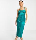 Flounce London Petite Satin Midi Dress With Ruched Cup Detail In Teal-blue